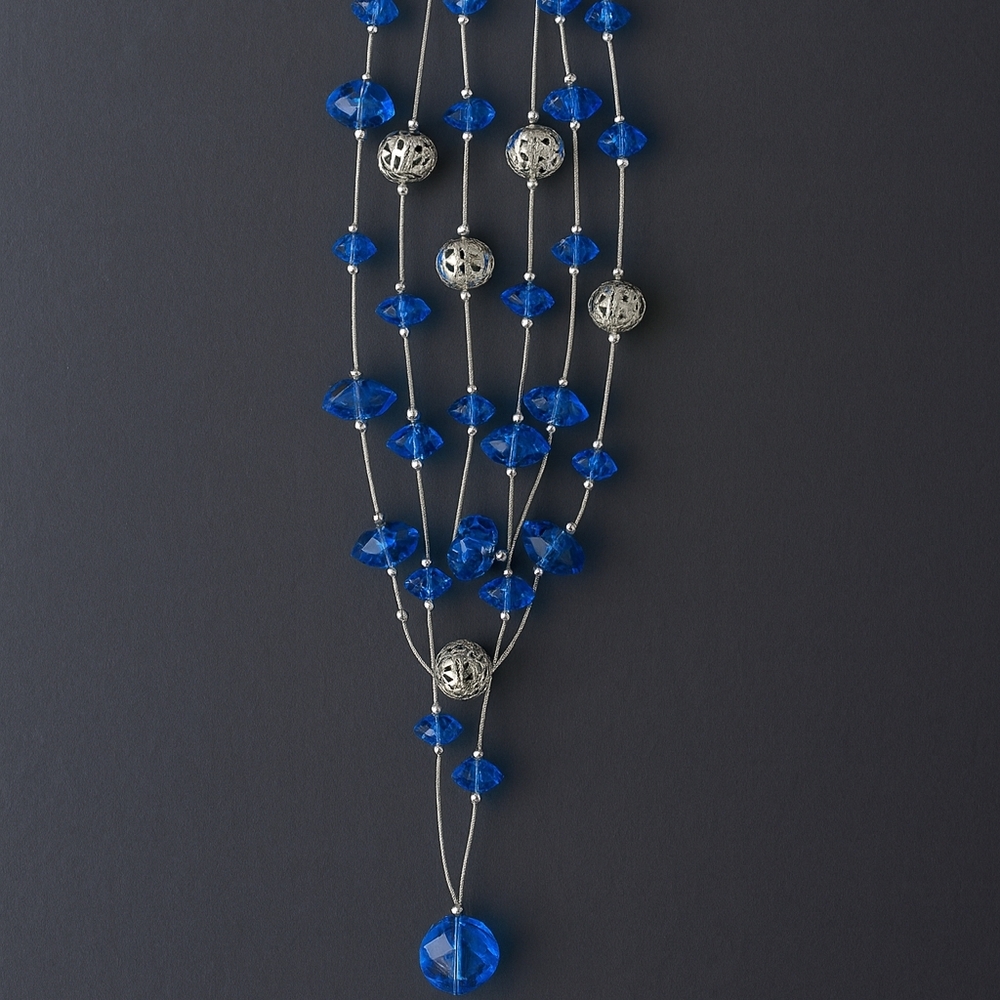 Vintage Blue Crystal Multi Strand Statement Necklace Silver Filigree Beads Boho - Picture 2 of 6